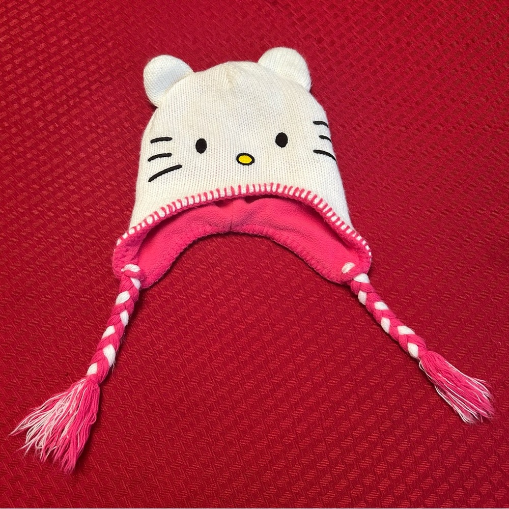 2012 Hello Kitty Sanrio Knit Winter Hat Beanie Braided Ties Tassels Pink White
